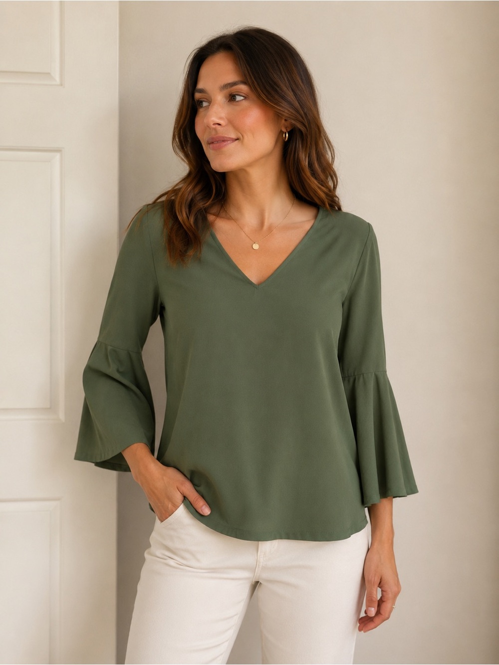 V-Neck Bell Sleeve Blouse in Olive